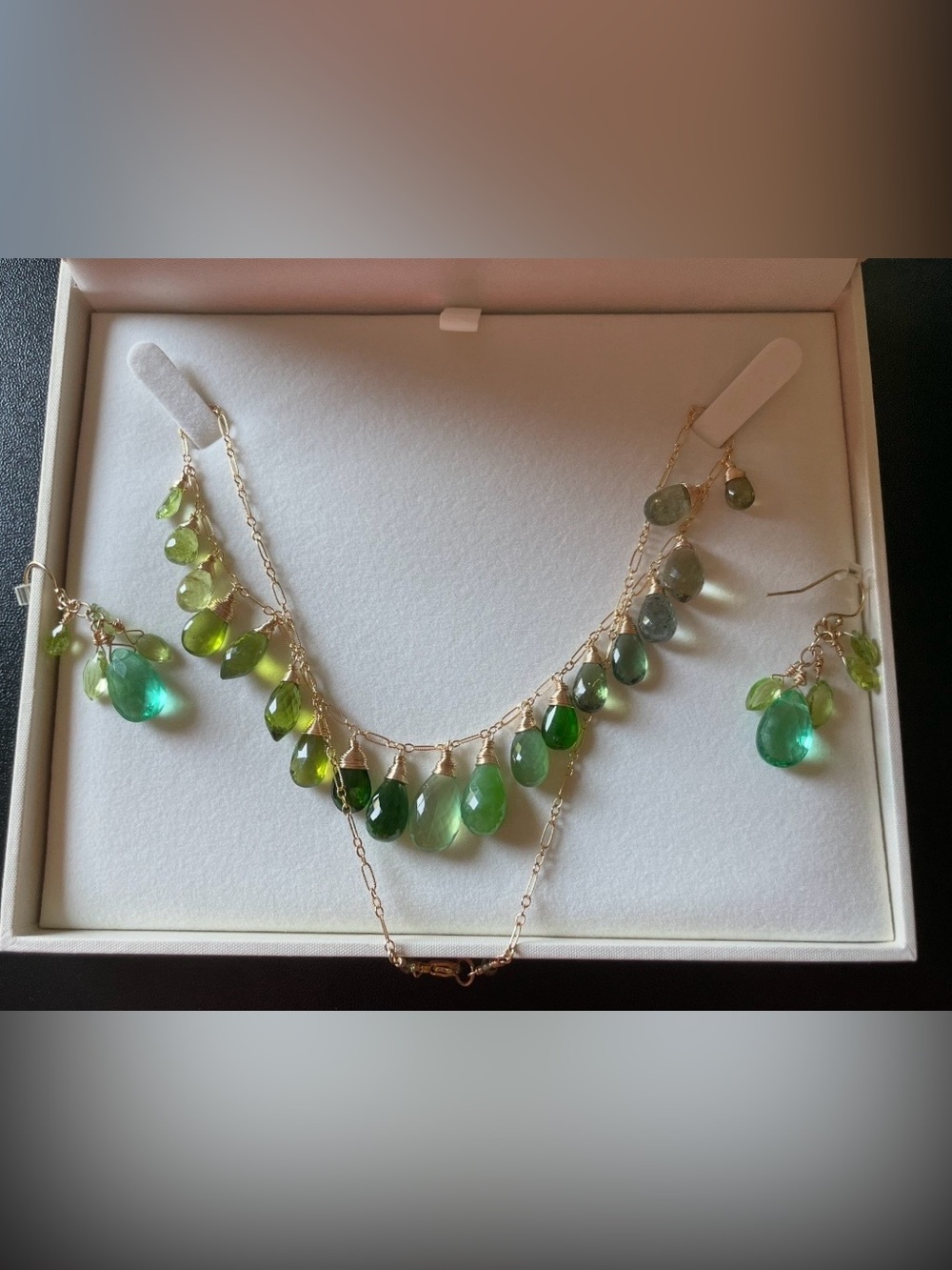Multi colored green faceted Briolette necklace and earring set!